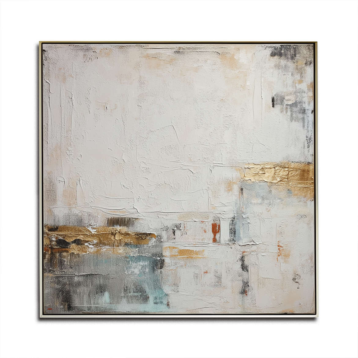 Abstract oil painting with gold accents, soft whites, and cool tones, minimalist modern art