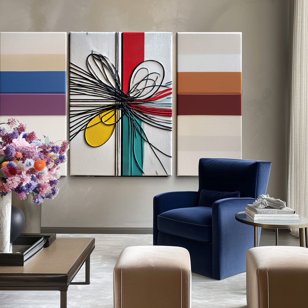 Abstract geometric art with colorful lines and shapes in yellow, red, teal, and black with textured relief.