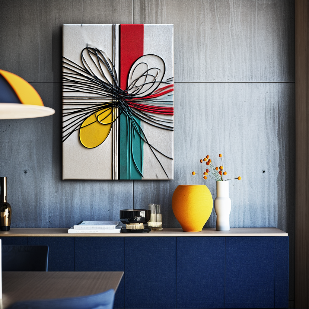 Abstract geometric art with colorful lines and shapes in yellow, red, teal, and black with textured relief.