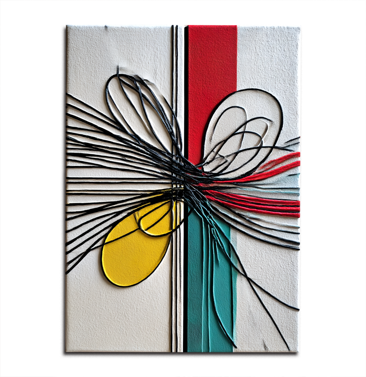 Abstract geometric art with colorful lines and shapes in yellow, red, teal, and black with textured relief.