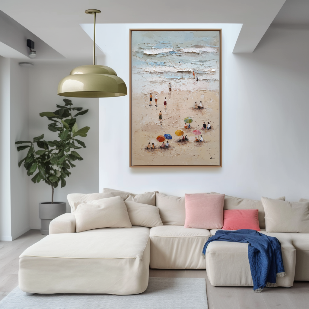 Textured coastal beach scene oil painting with colorful umbrellas and people.