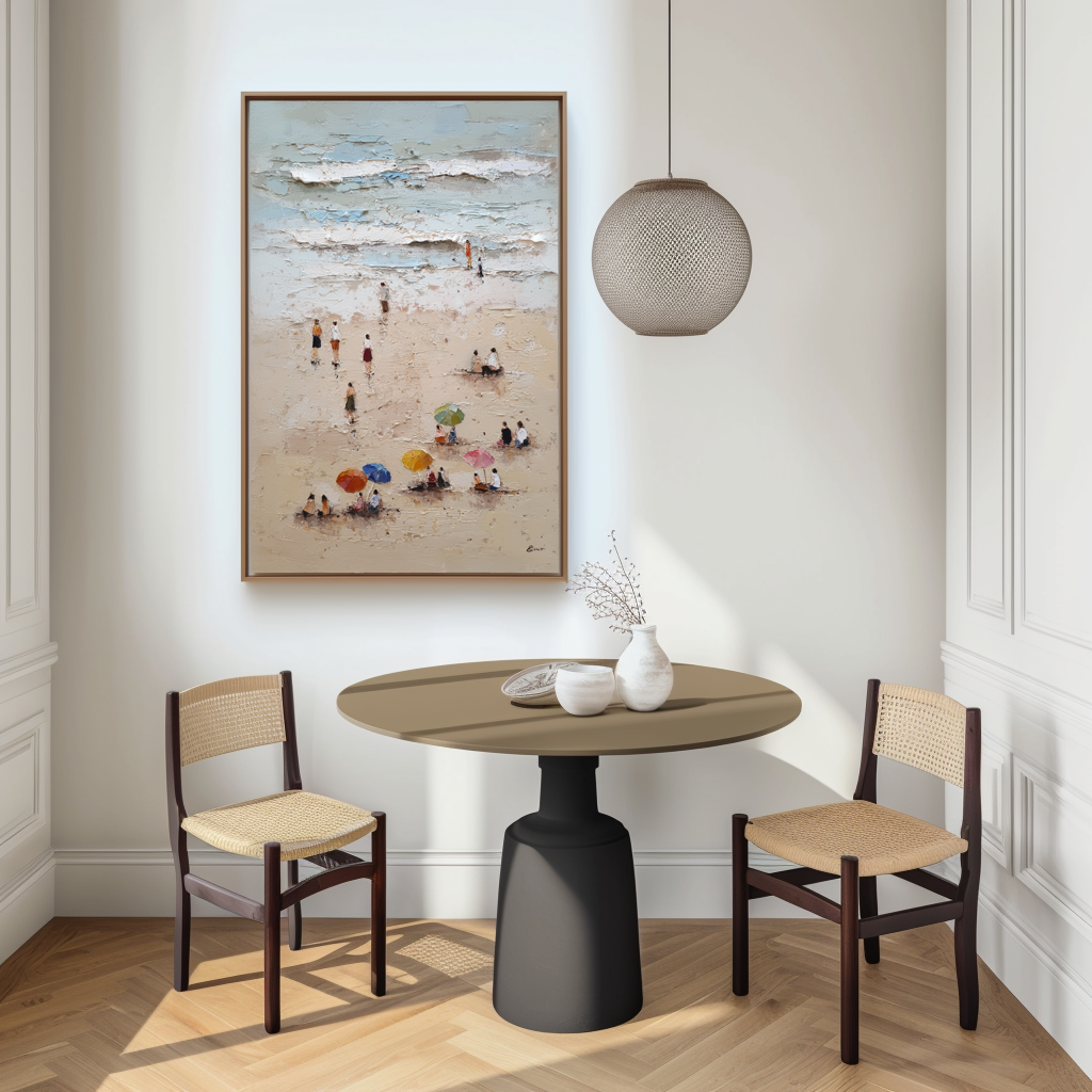 Textured coastal beach scene oil painting with colorful umbrellas and people.
