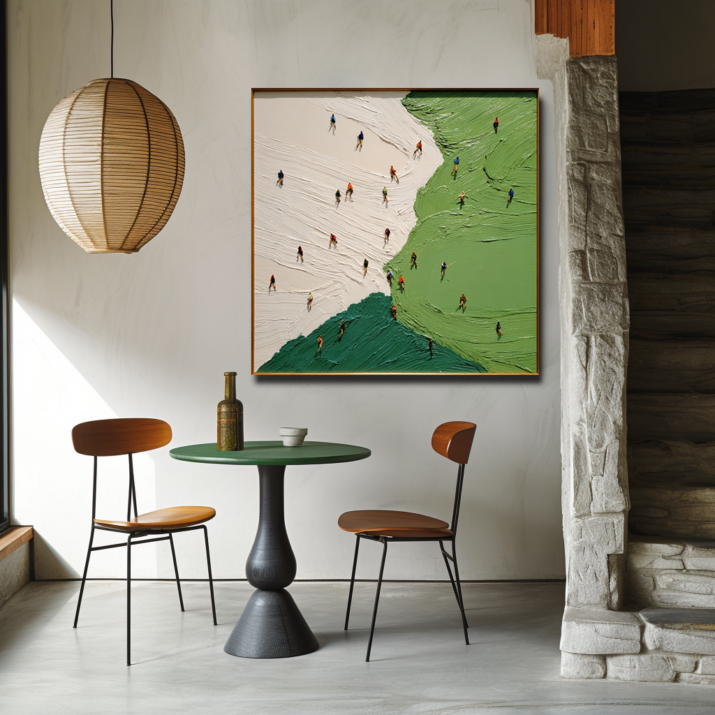 Textured abstract landscape painting with small people walking on green and beige fields