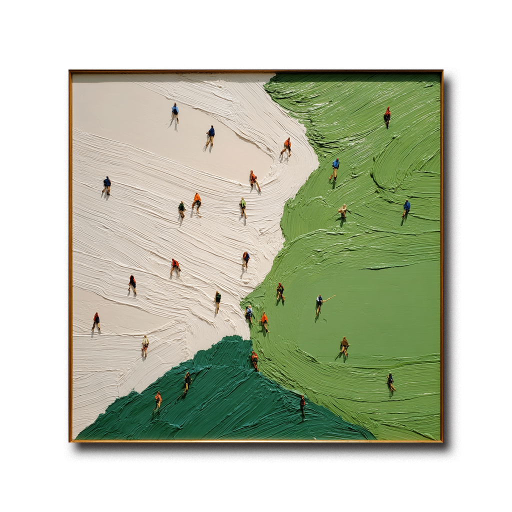 Textured abstract landscape painting with small people walking on green and beige fields