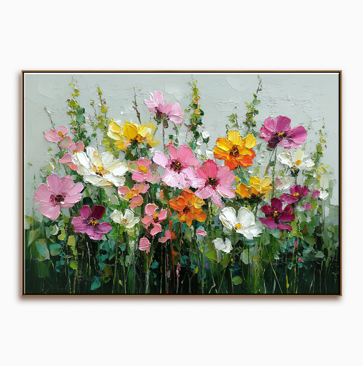 Impasto painting of colorful flowers in a garden with pink, yellow, and white blooms on a gray background.
