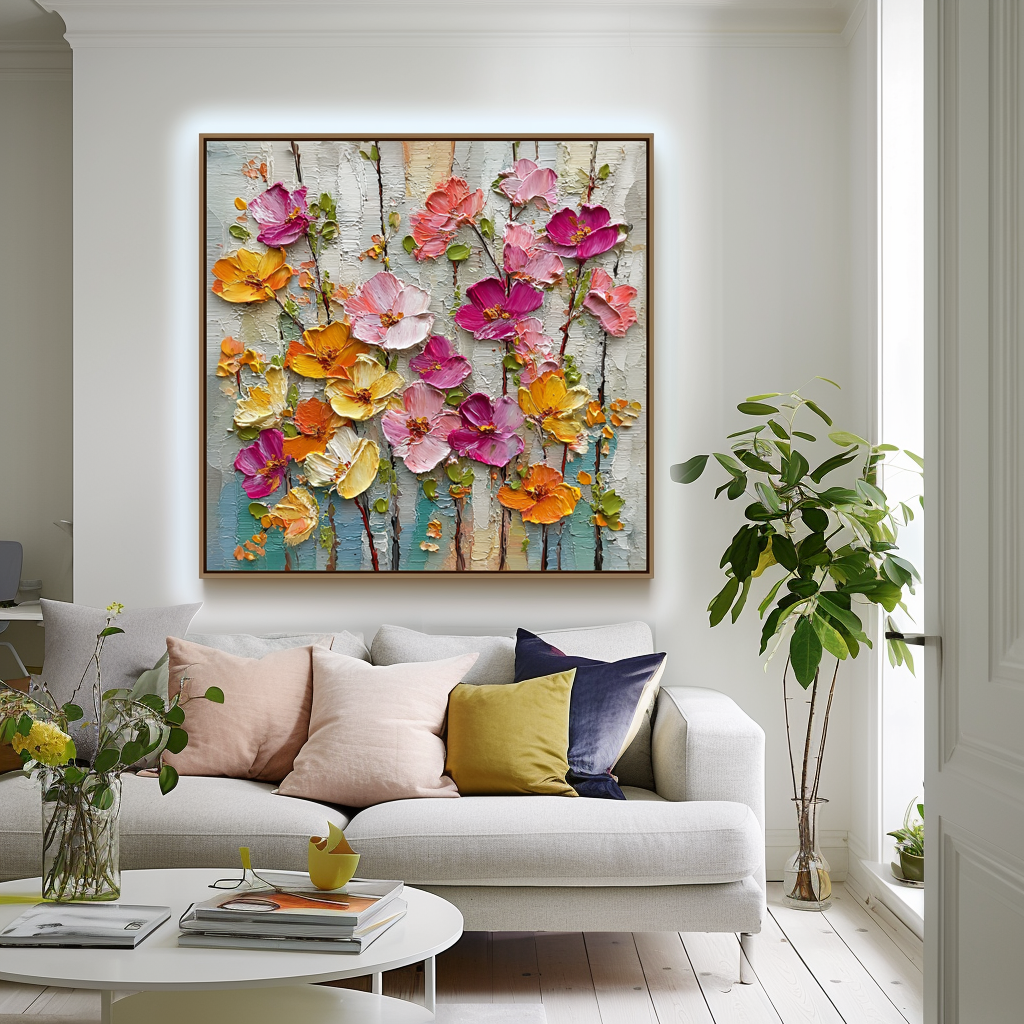 Textured floral oil painting with colorful palette knife flowers in pink, yellow, and orange tones