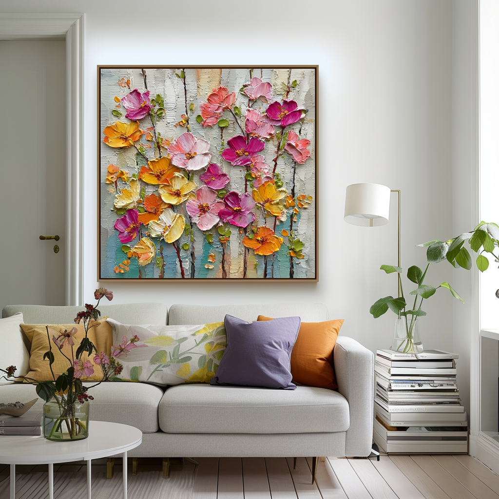 Textured floral oil painting with colorful palette knife flowers in pink, yellow, and orange tones
