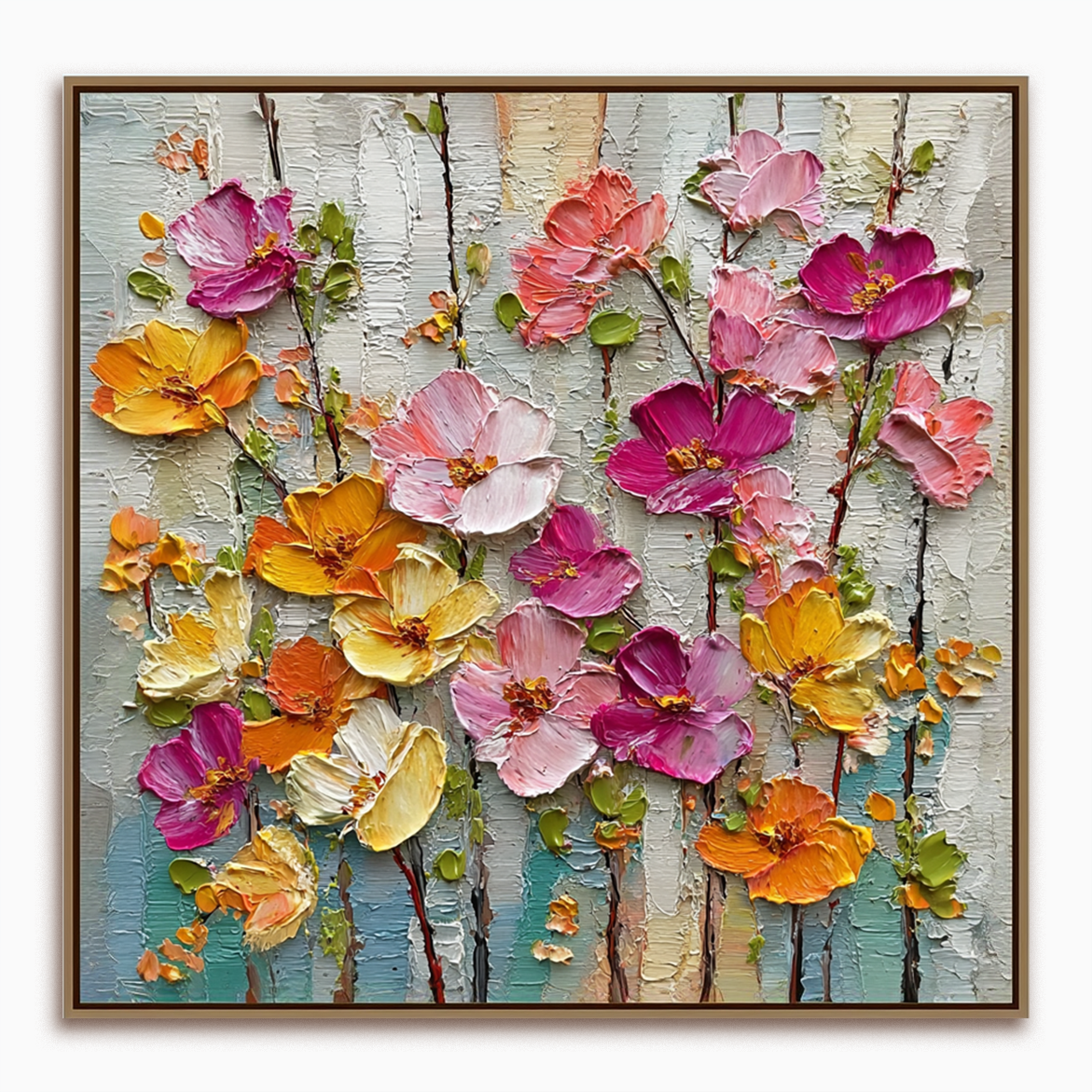 Textured floral oil painting with colorful palette knife flowers in pink, yellow, and orange tones