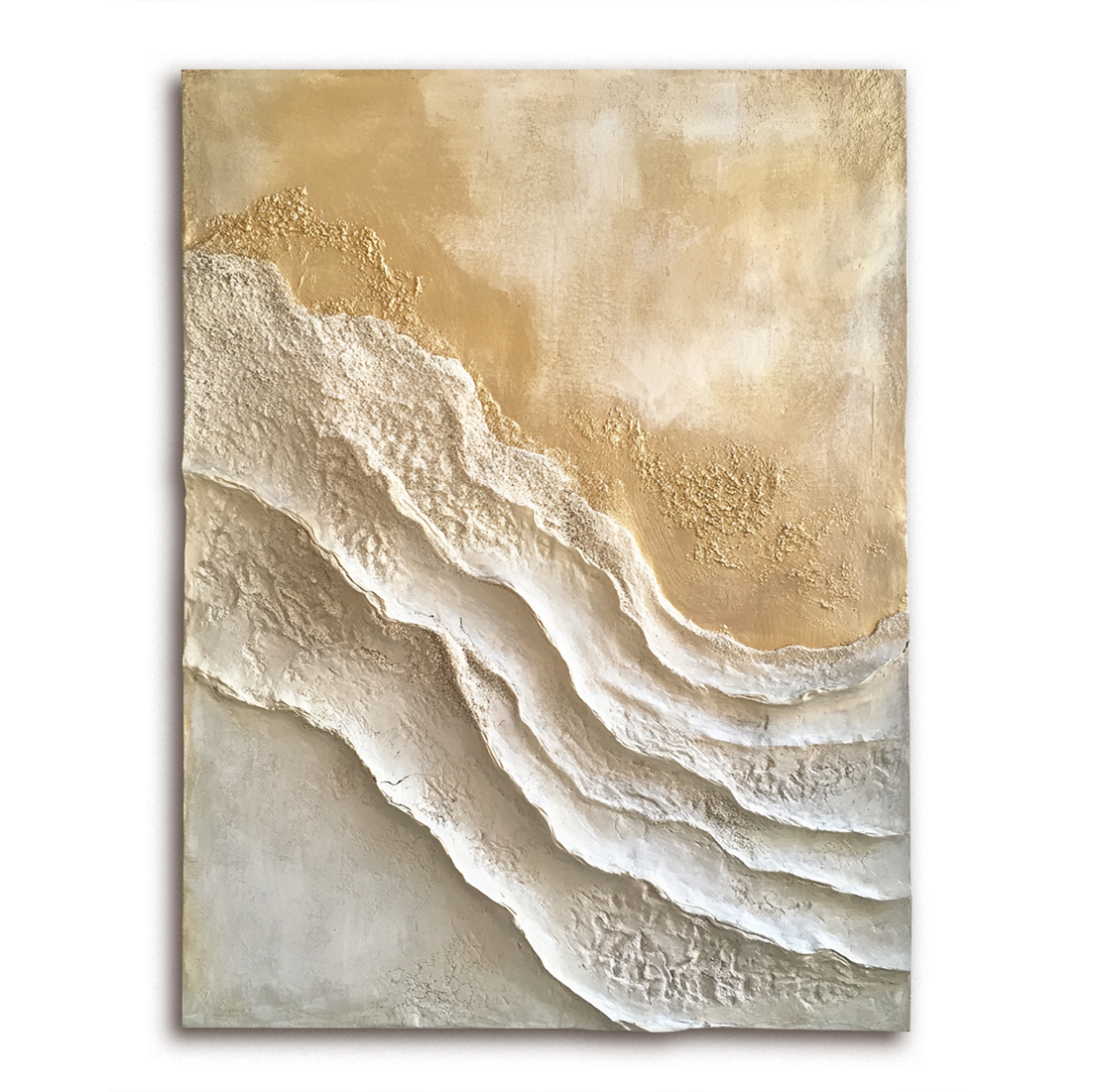 Minimalist gold and white textured abstract painting with layered 3D surface