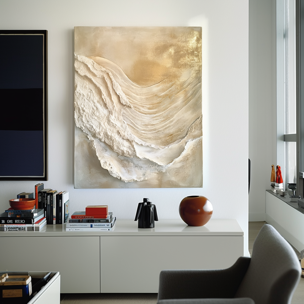 Golden textured abstract wall art with flowing raised layers and soft shine.