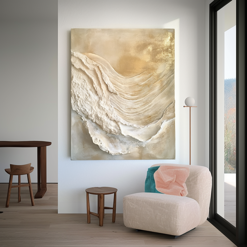 Golden textured abstract wall art with flowing raised layers and soft shine.
