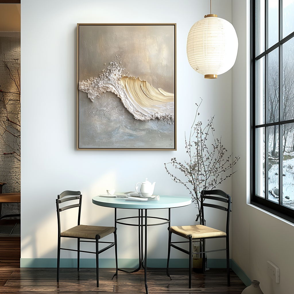 Luxury textured gold wave canvas art with raised sea foam details
