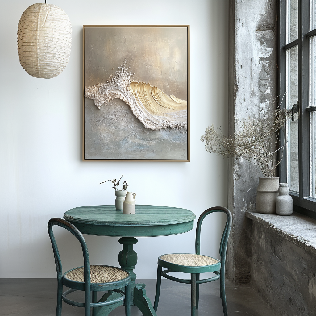 Luxury textured gold wave canvas art with raised sea foam details