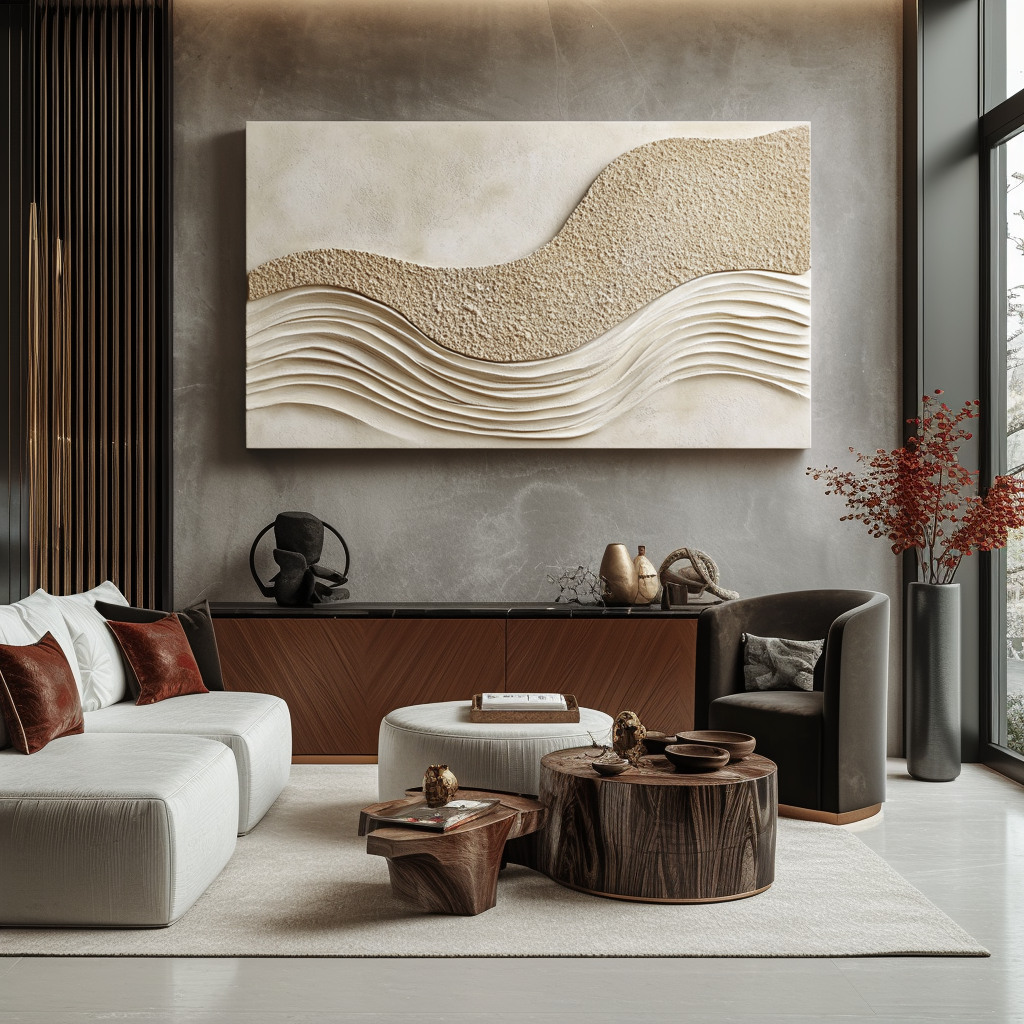 Beige textured wall art with sand-like surface and flowing wave relief design