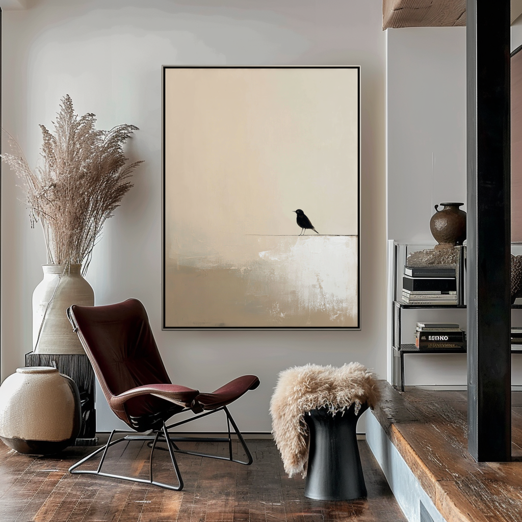Minimalist oil painting of a black bird perched on a line with a soft beige background