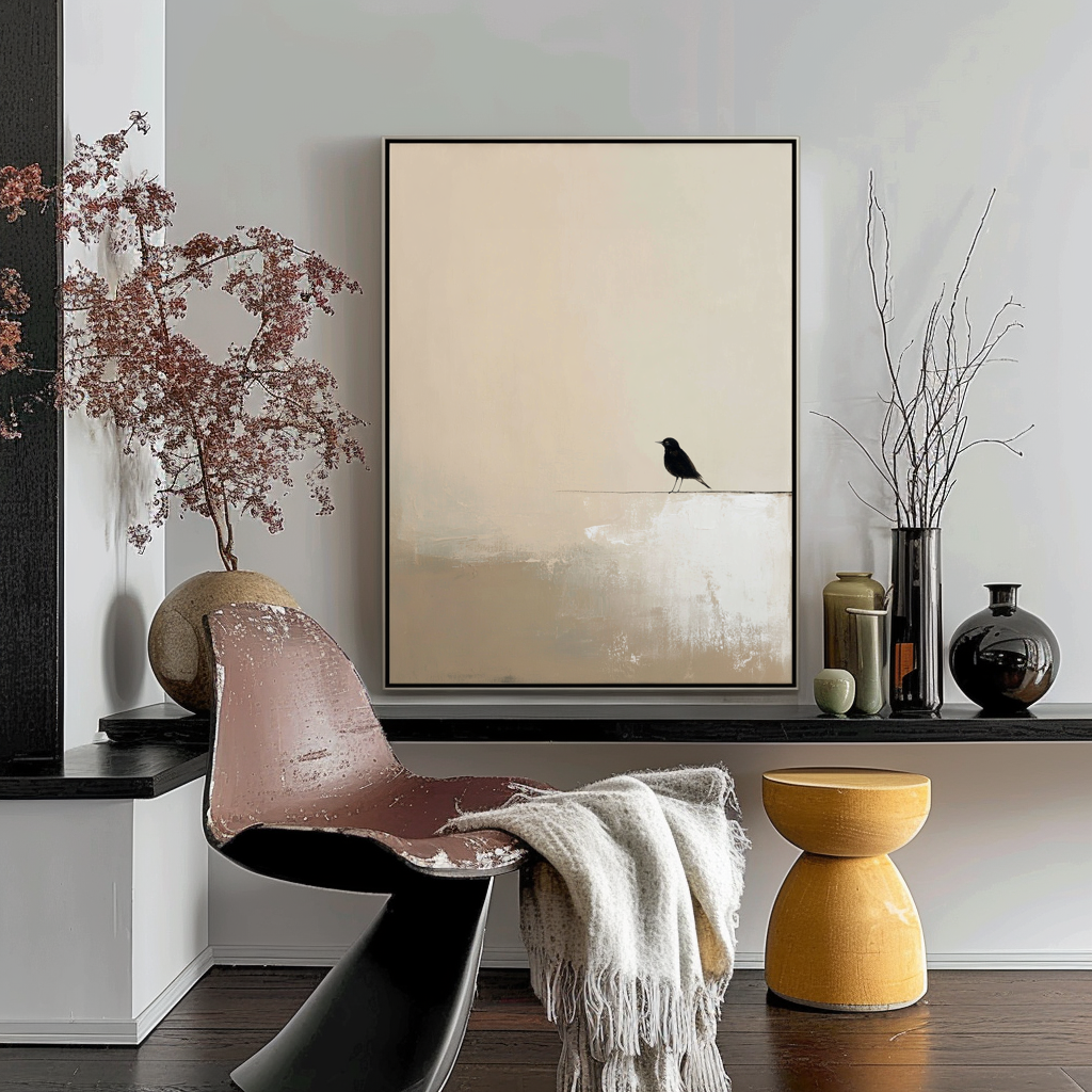 Minimalist oil painting of a black bird perched on a line with a soft beige background
