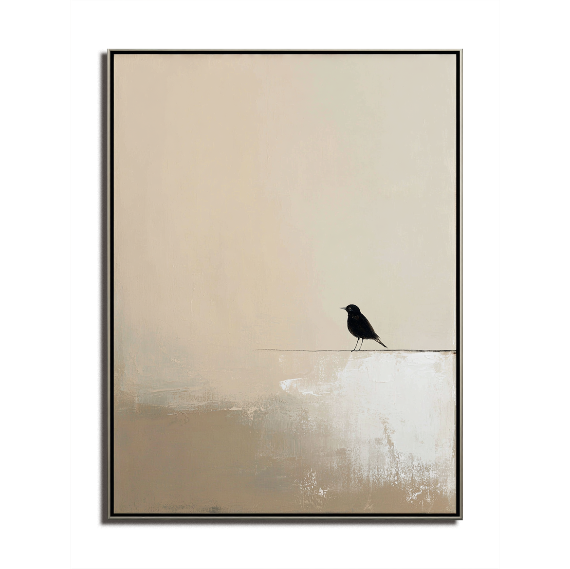 Minimalist oil painting of a black bird perched on a line with a soft beige background