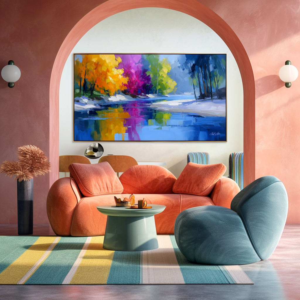 Colorful abstract forest landscape with river reflection, textured oil painting
