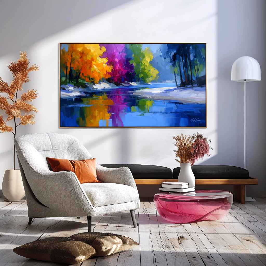 Colorful abstract forest landscape with river reflection, textured oil painting