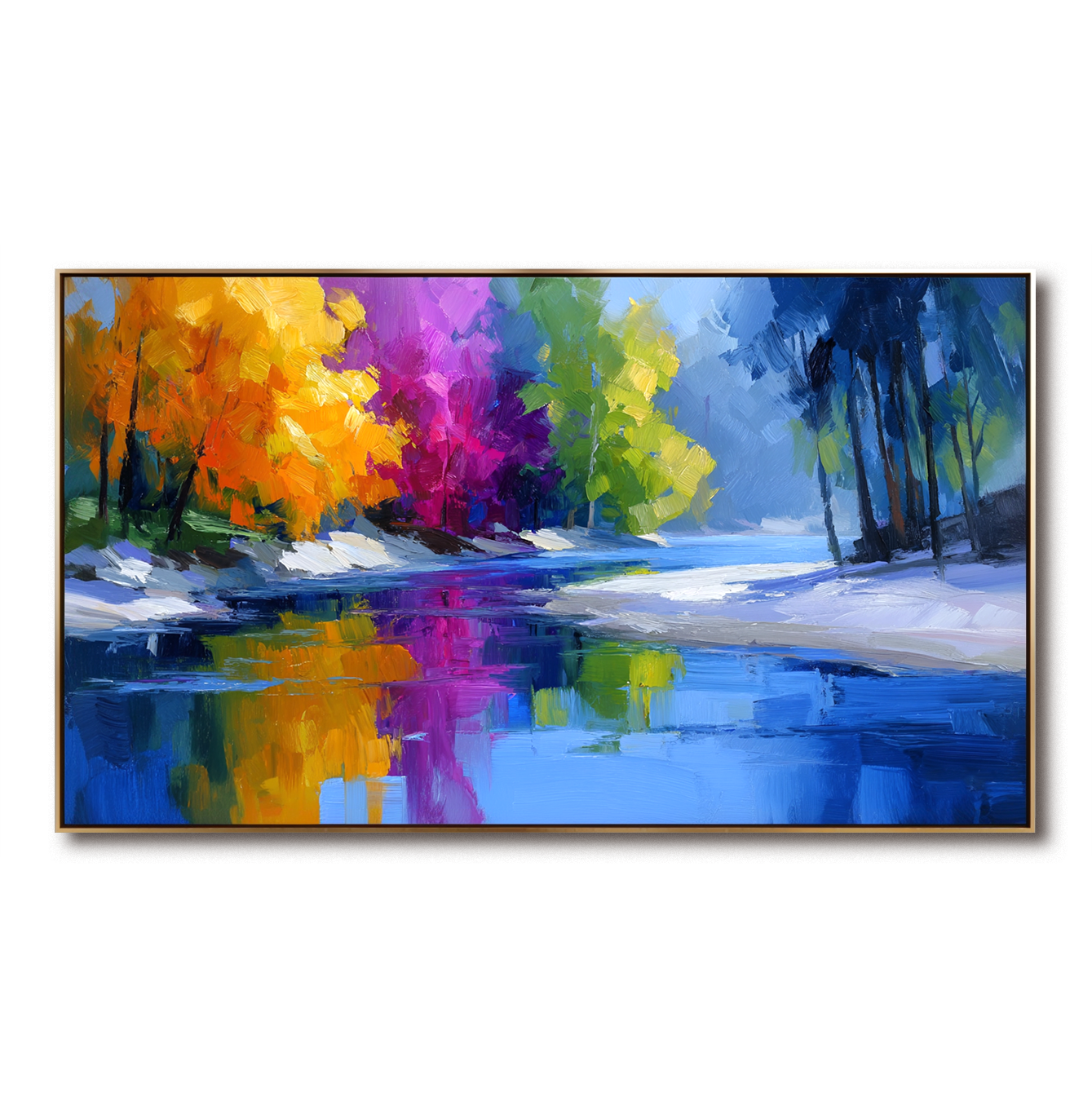 Colorful abstract forest landscape with river reflection, textured oil painting