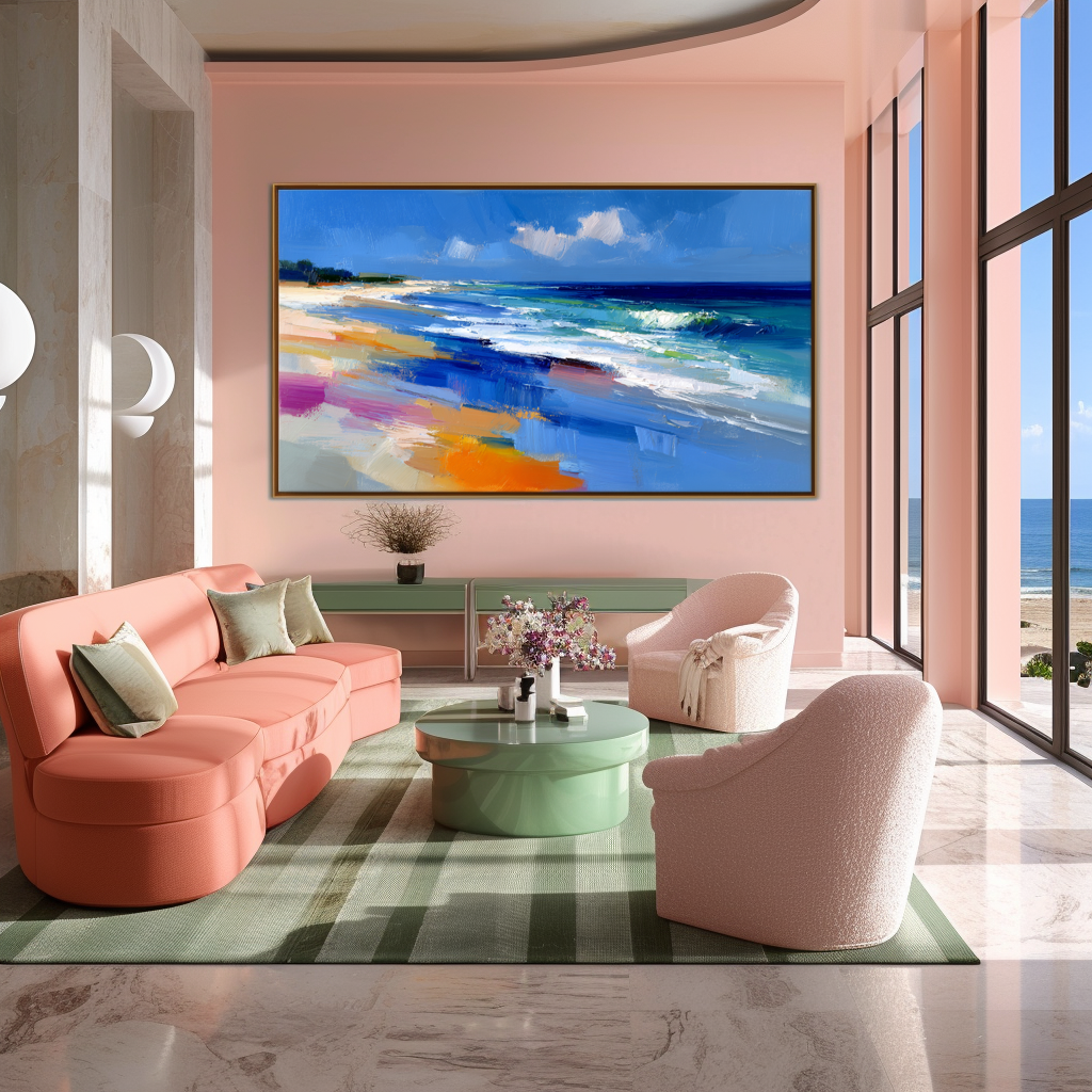 Abstract seascape oil painting with colorful textured brushstrokes and ocean waves