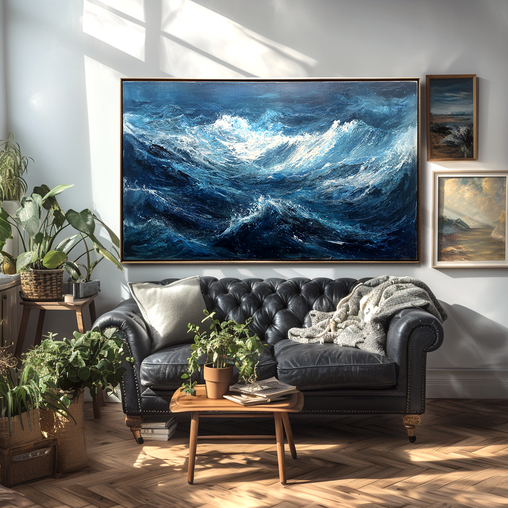 Textured abstract ocean wave painting with deep blue and white tones