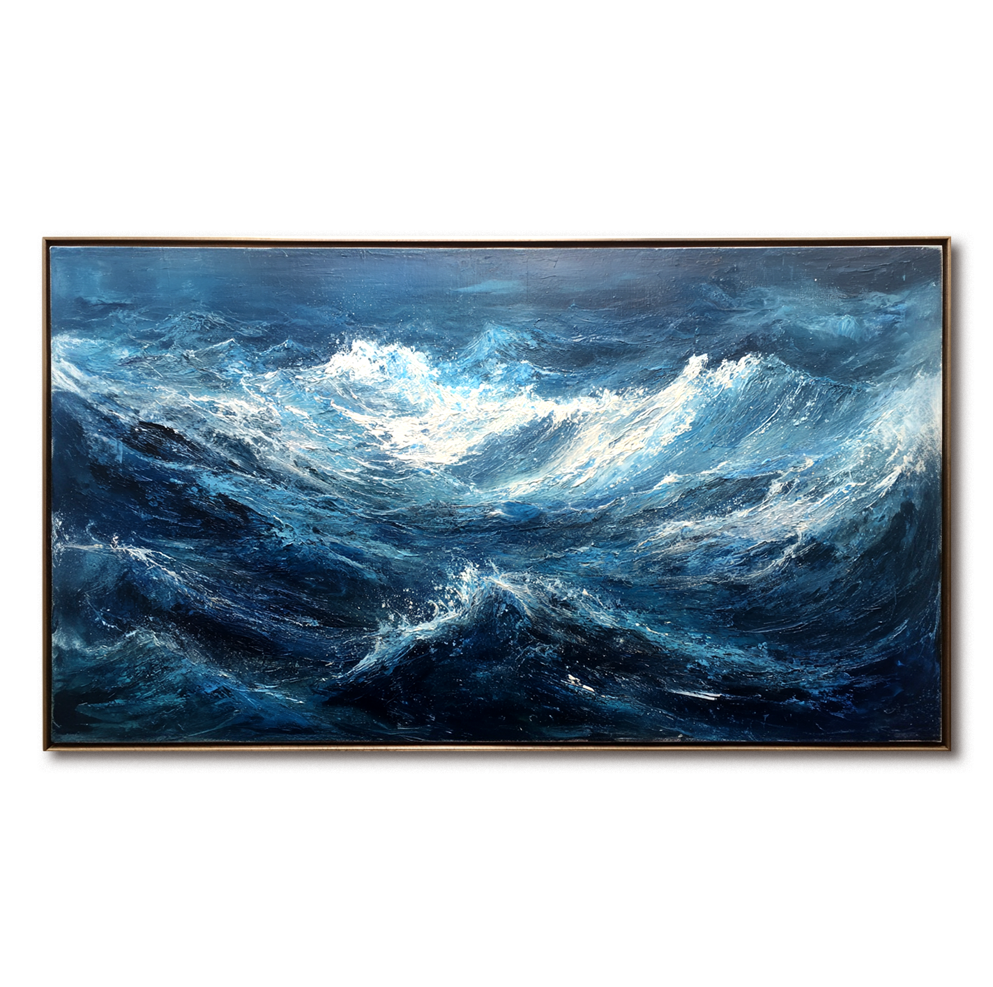 Textured abstract ocean wave painting with deep blue and white tones