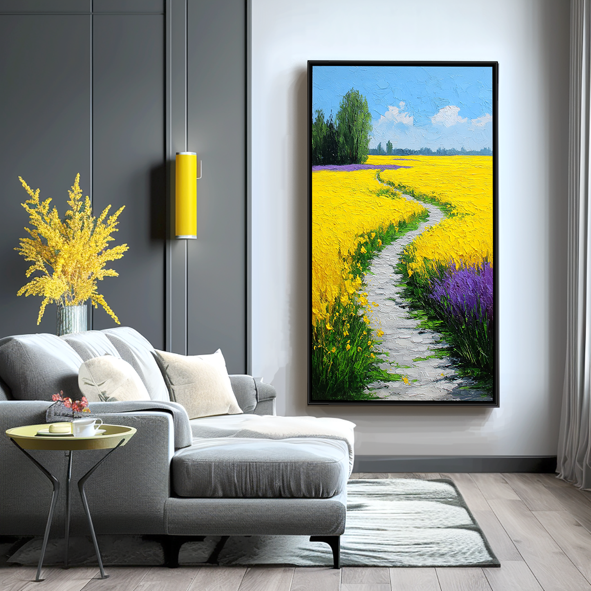 Textured landscape oil painting with yellow flower fields, purple blooms, and a winding path under a blue sky