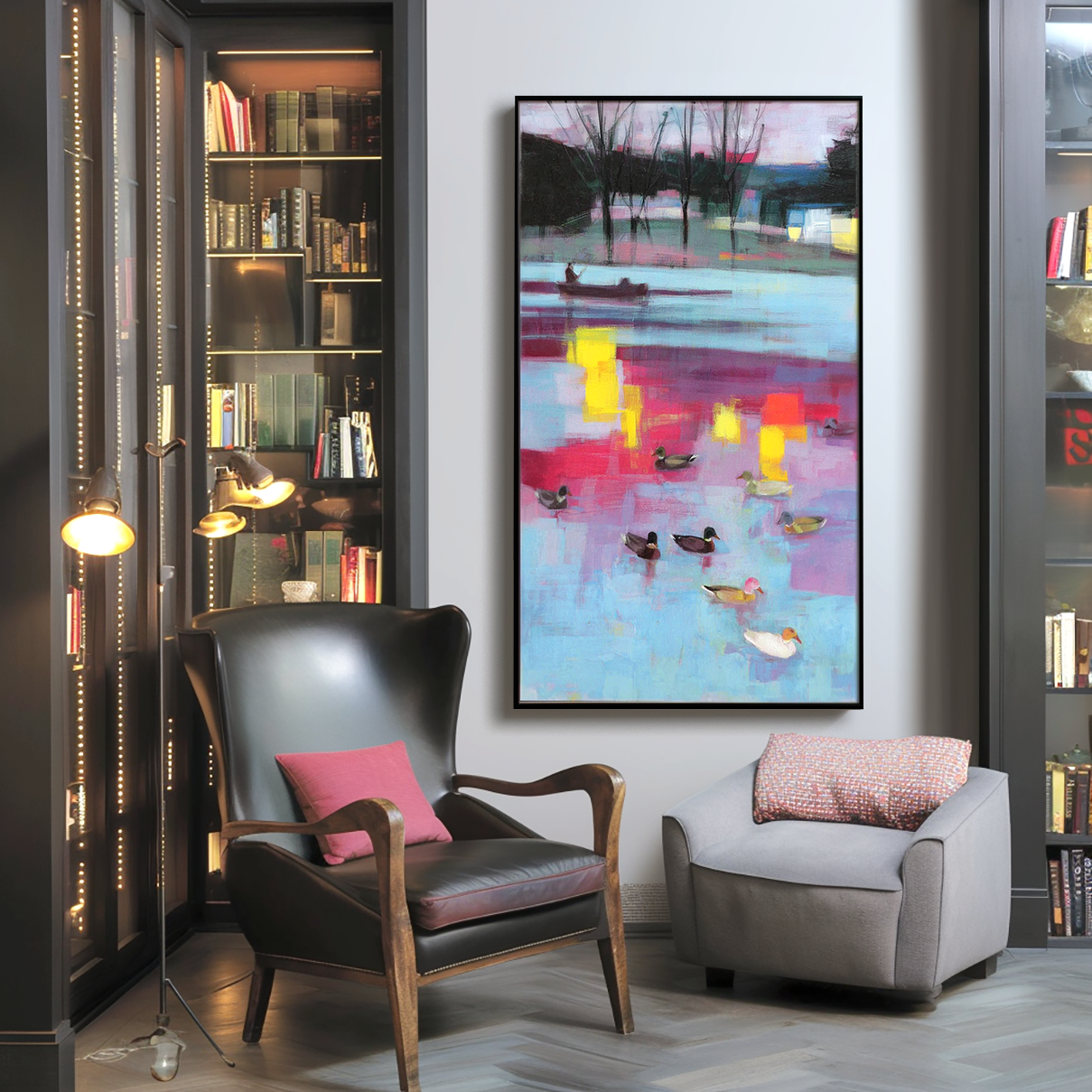 Abstract lake painting with ducks, sunset reflections, and warm pink-blue tones