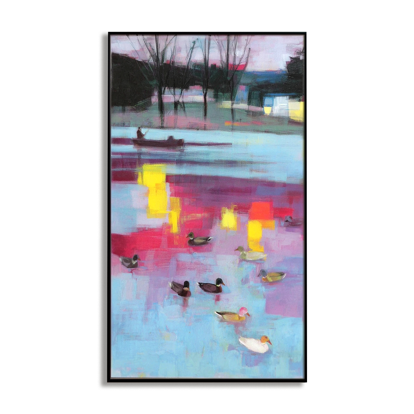Abstract lake painting with ducks, sunset reflections, and warm pink-blue tones