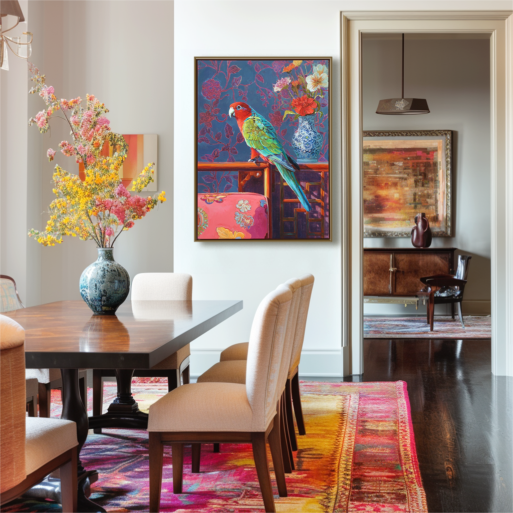 Colorful oil painting of a parrot on a table with flowers in a blue vase and floral-patterned chair against a purple floral background