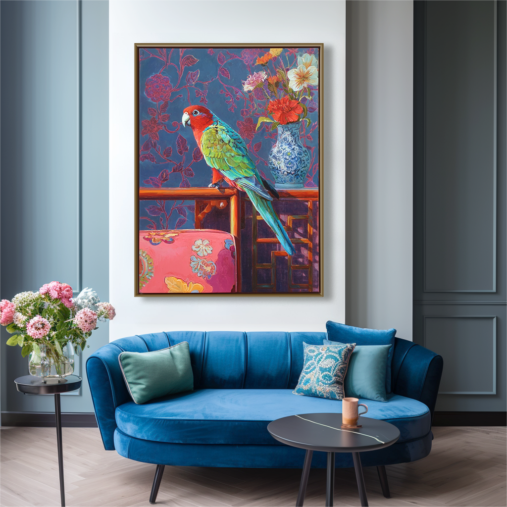 Colorful oil painting of a parrot on a table with flowers in a blue vase and floral-patterned chair against a purple floral background