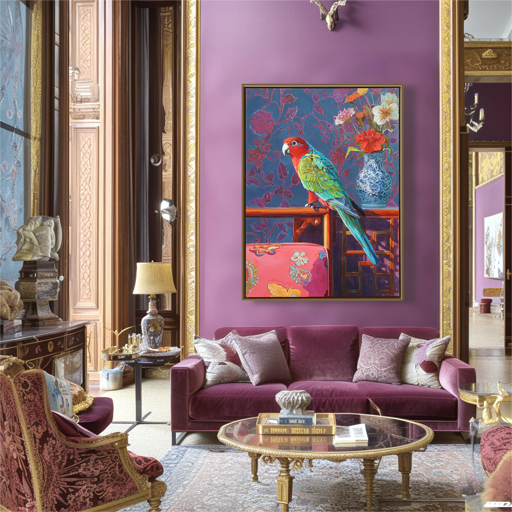 Colorful oil painting of a parrot on a table with flowers in a blue vase and floral-patterned chair against a purple floral background