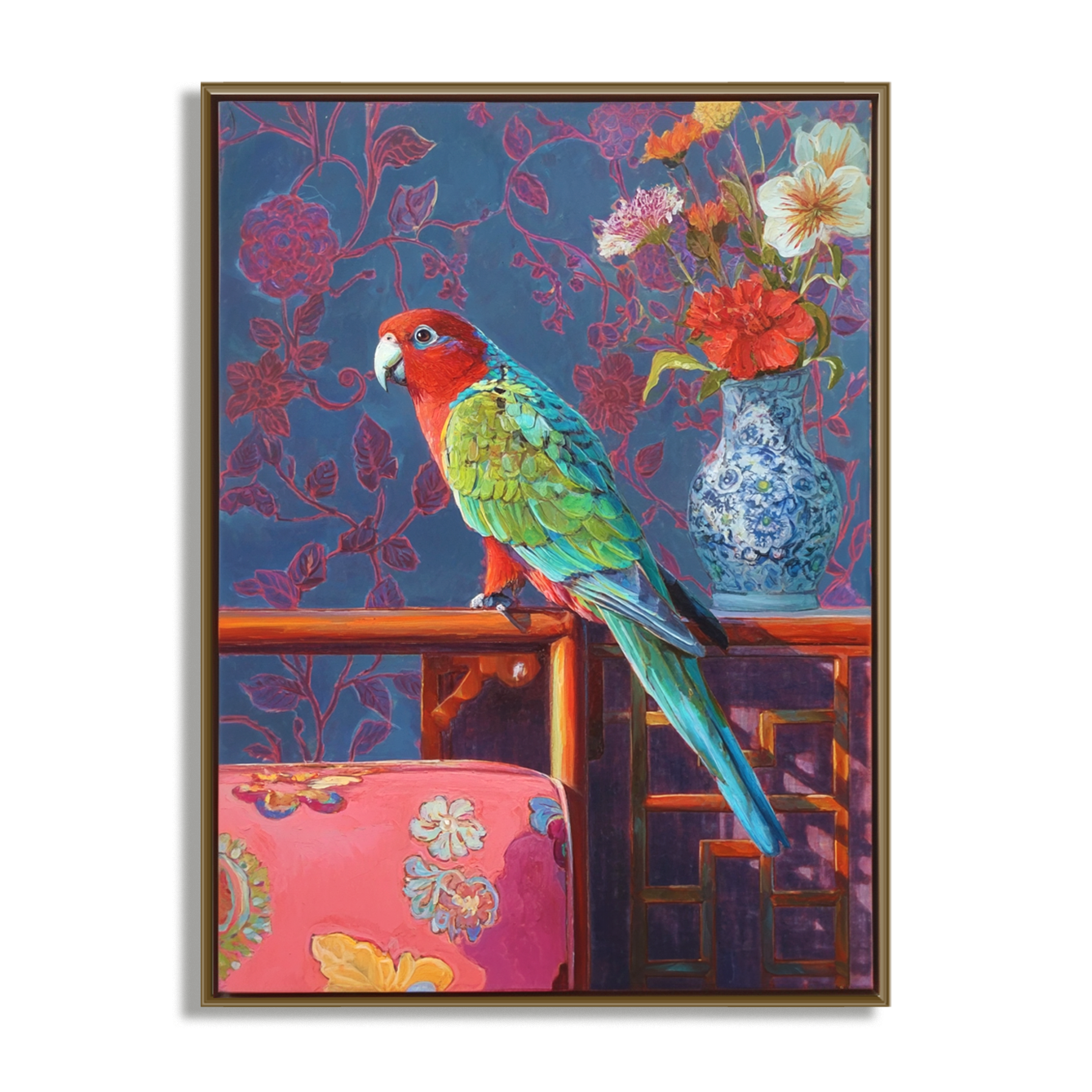 Colorful oil painting of a parrot on a table with flowers in a blue vase and floral-patterned chair against a purple floral background