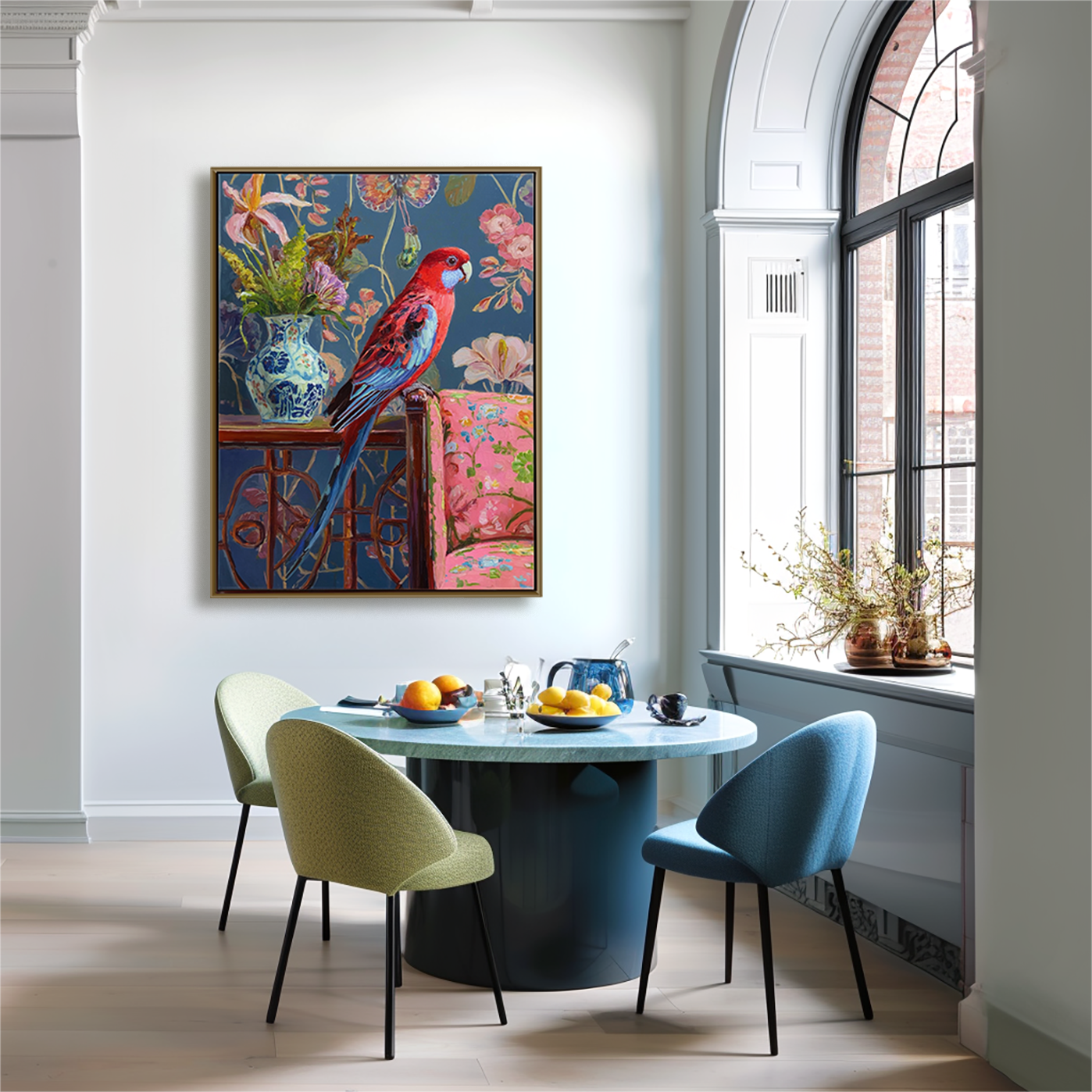 Colorful oil painting of a red and blue parrot on a table with flowers in a blue vase and floral-patterned chair, set against a dark floral background