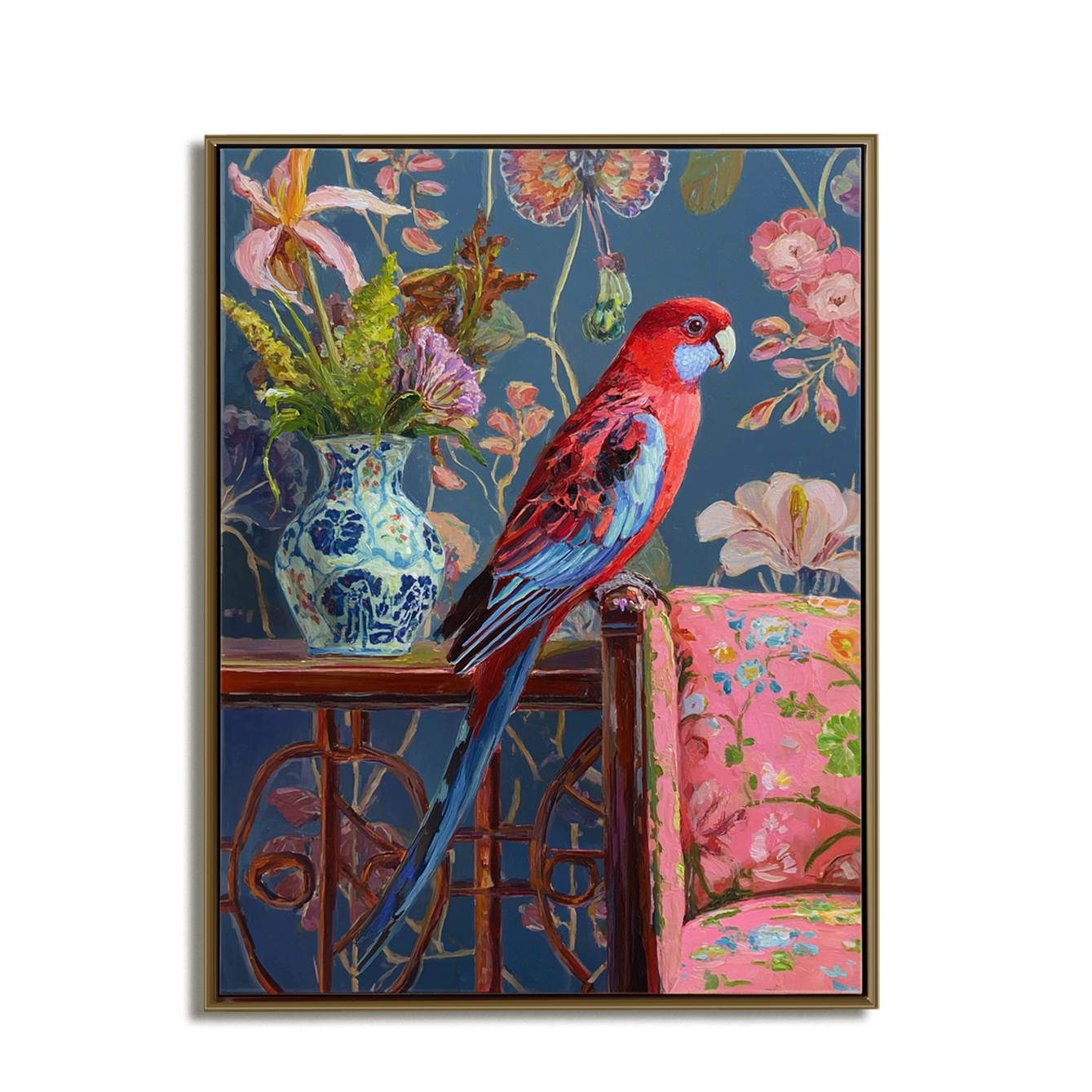 Colorful oil painting of a red and blue parrot on a table with flowers in a blue vase and floral-patterned chair, set against a dark floral background