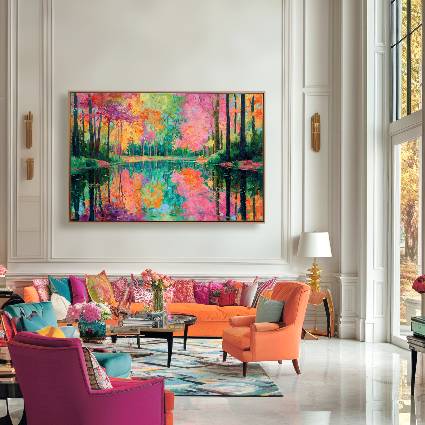 Vibrant autumn forest reflected in calm lake, colorful textured oil painting