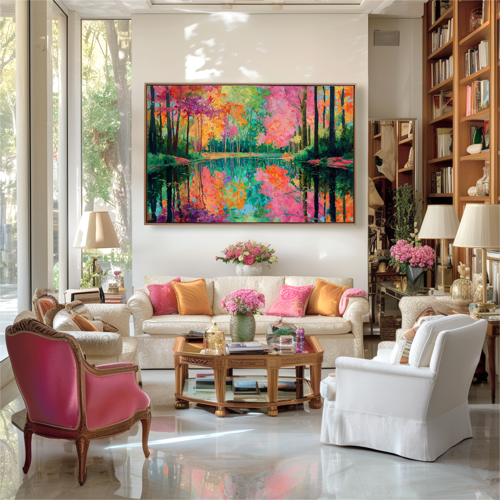 Vibrant autumn forest reflected in calm lake, colorful textured oil painting