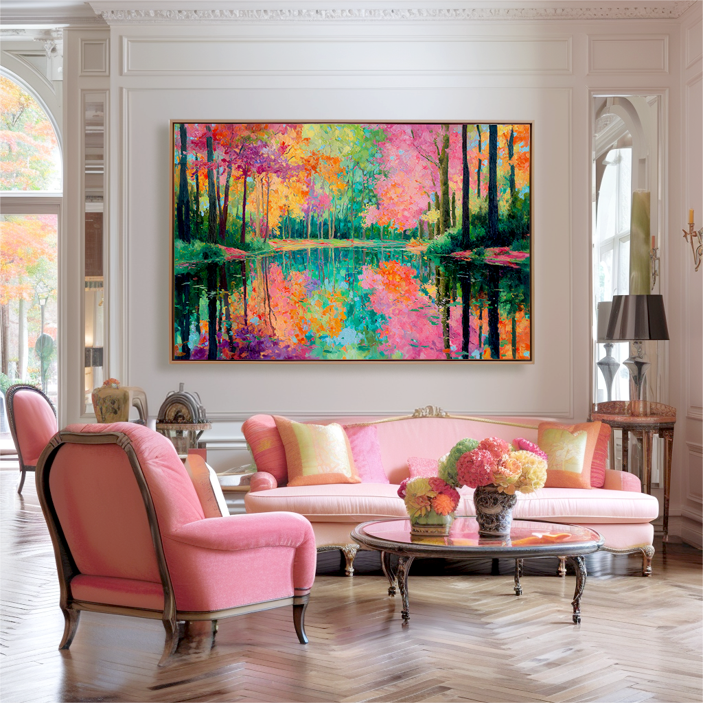 Vibrant autumn forest reflected in calm lake, colorful textured oil painting