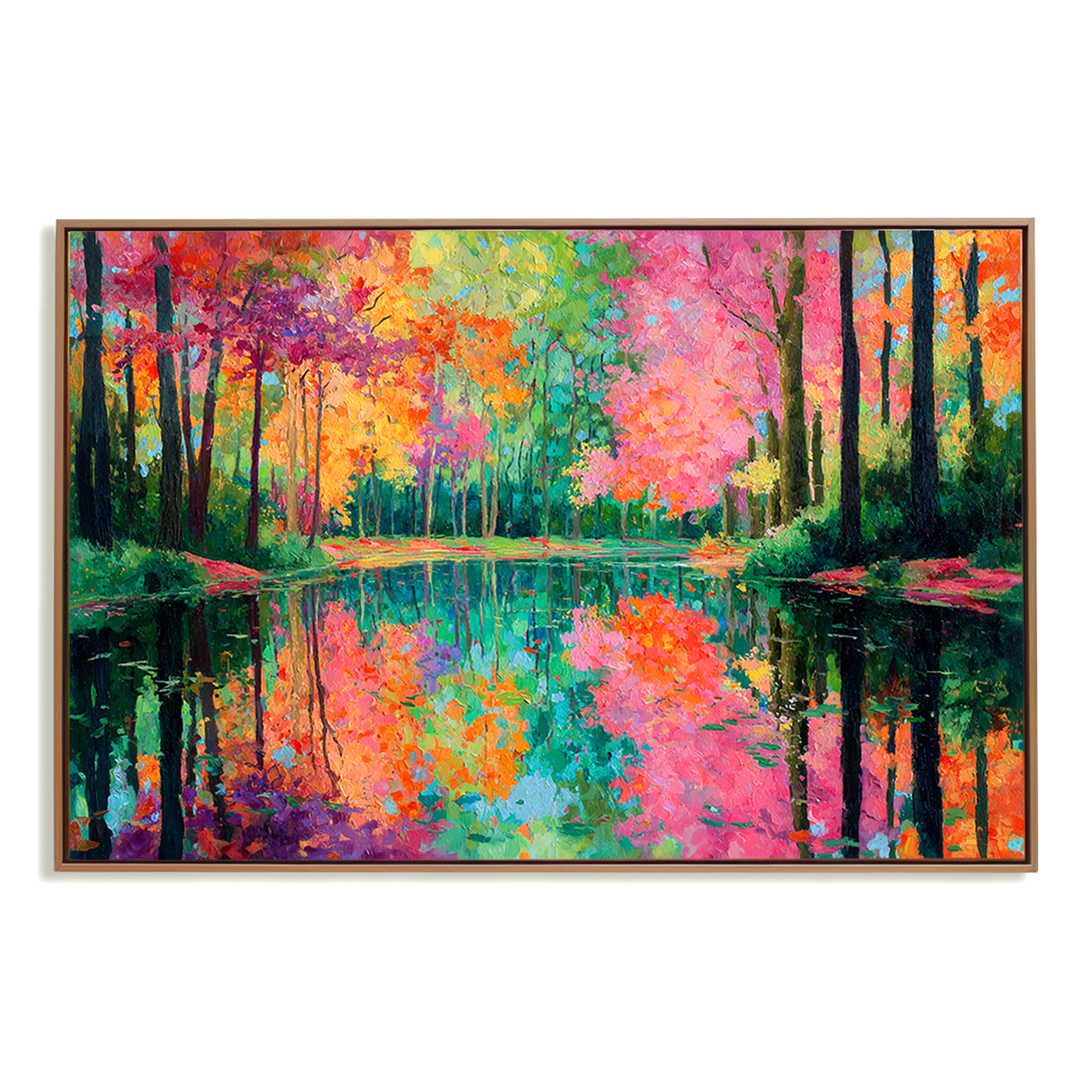 Vibrant autumn forest reflected in calm lake, colorful textured oil painting