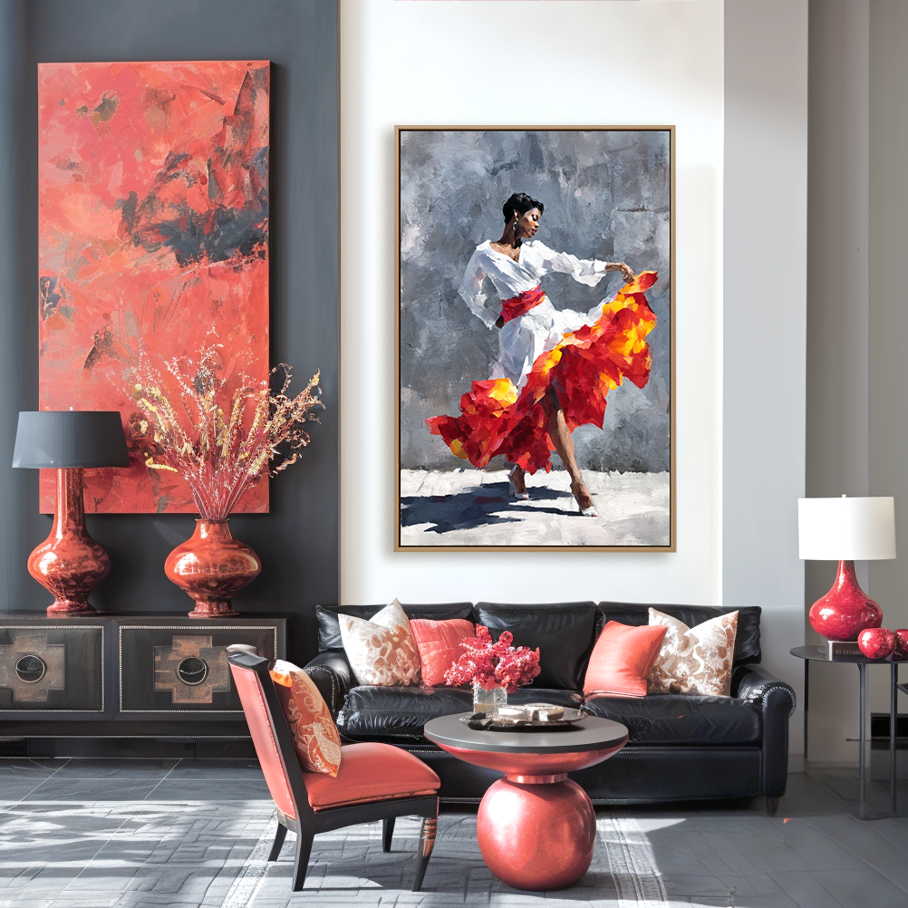 Oil painting of a flamenco dancer in mid-spin, with a vibrant red and orange flowing skirt.