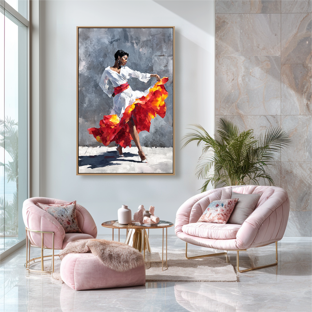 Oil painting of a flamenco dancer in mid-spin, with a vibrant red and orange flowing skirt.