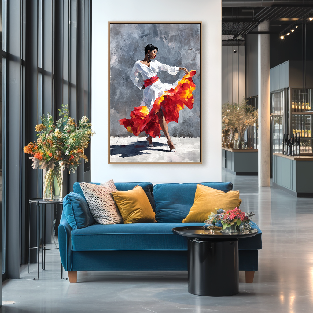Oil painting of a flamenco dancer in mid-spin, with a vibrant red and orange flowing skirt.