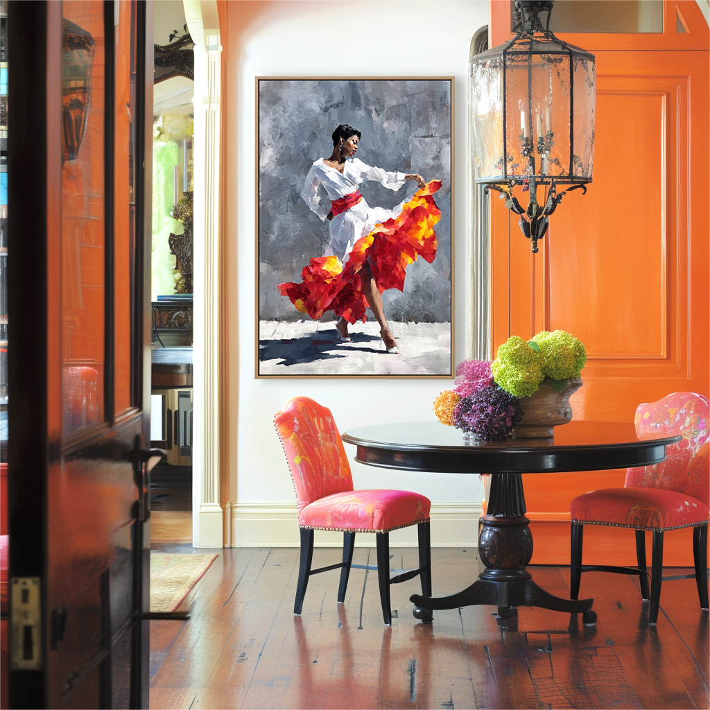 Oil painting of a flamenco dancer in mid-spin, with a vibrant red and orange flowing skirt.
