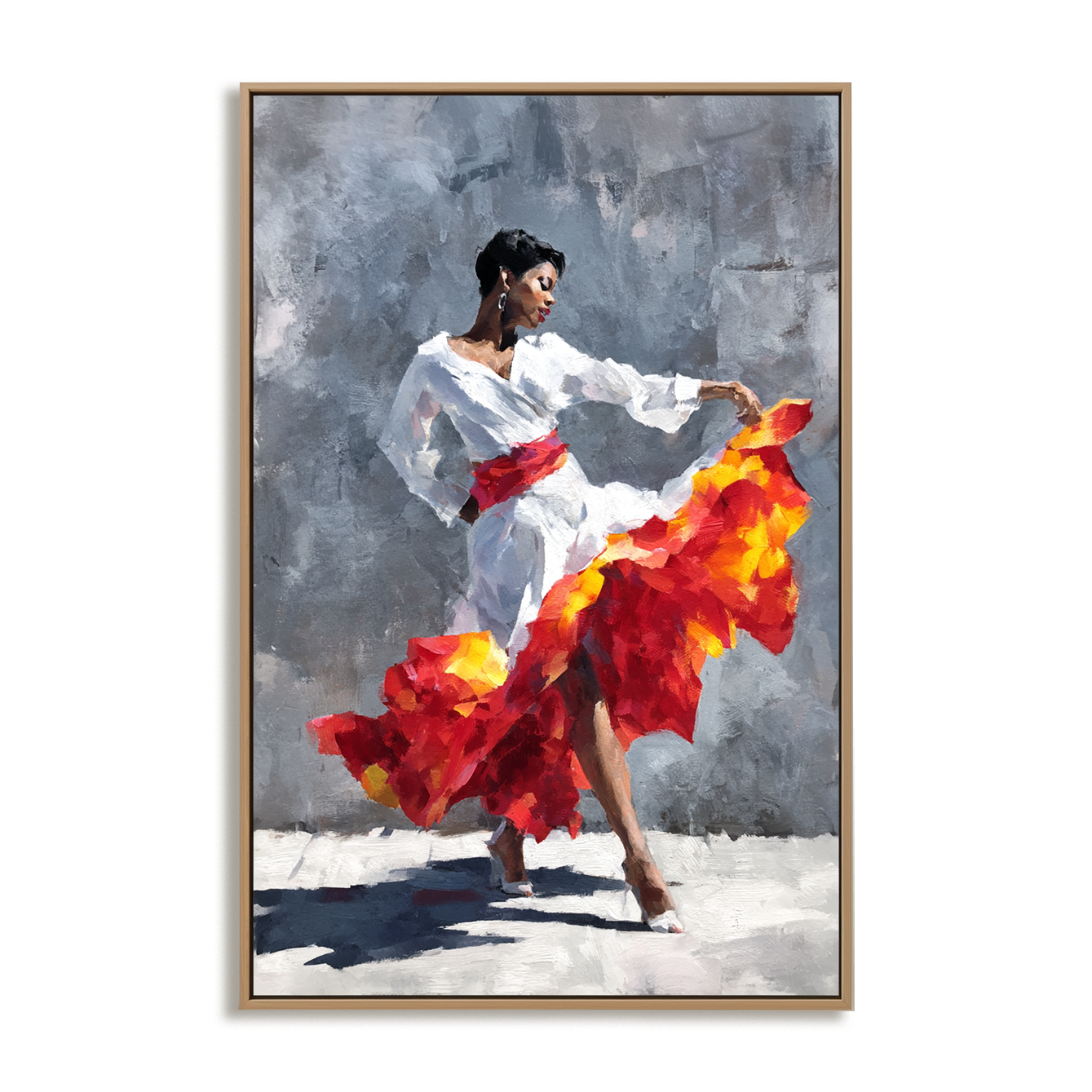 Oil painting of a flamenco dancer in mid-spin, with a vibrant red and orange flowing skirt.