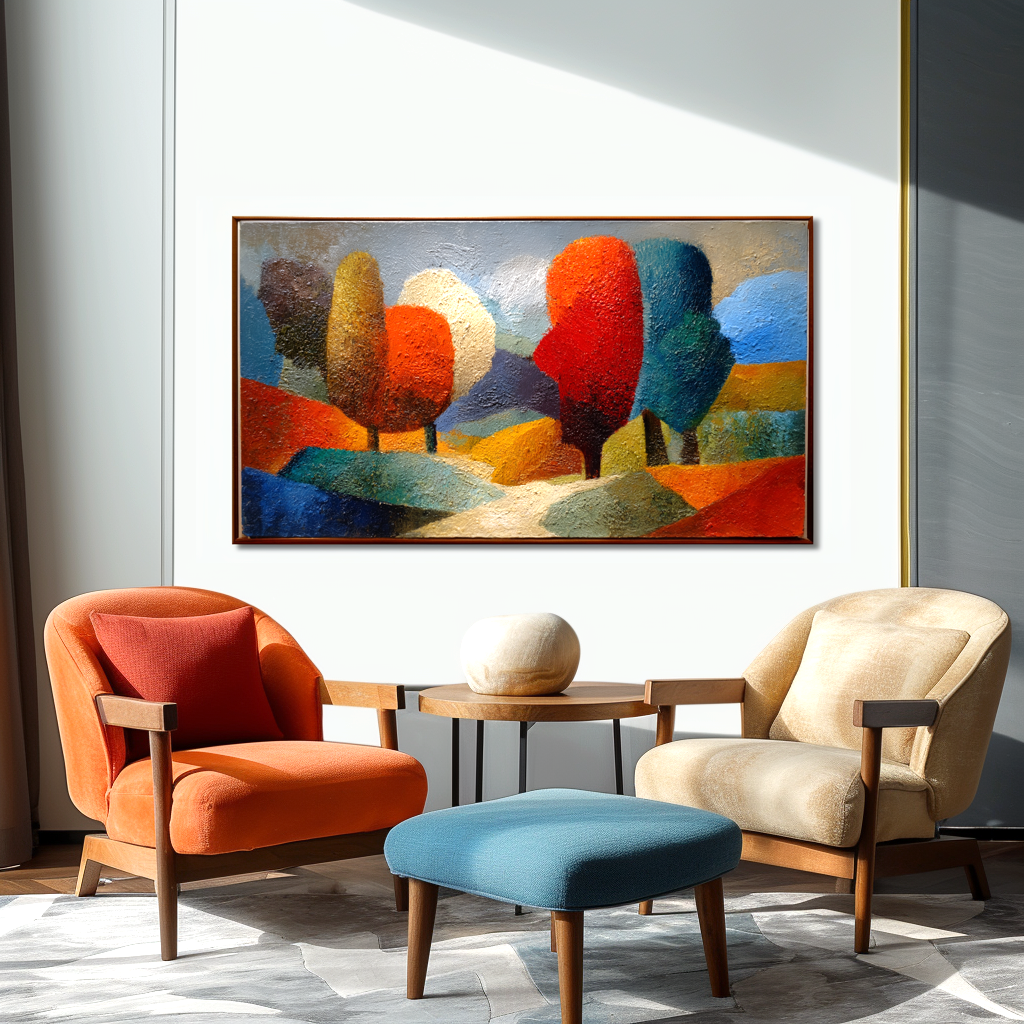 Colorful abstract textured landscape oil painting with trees and rolling hills