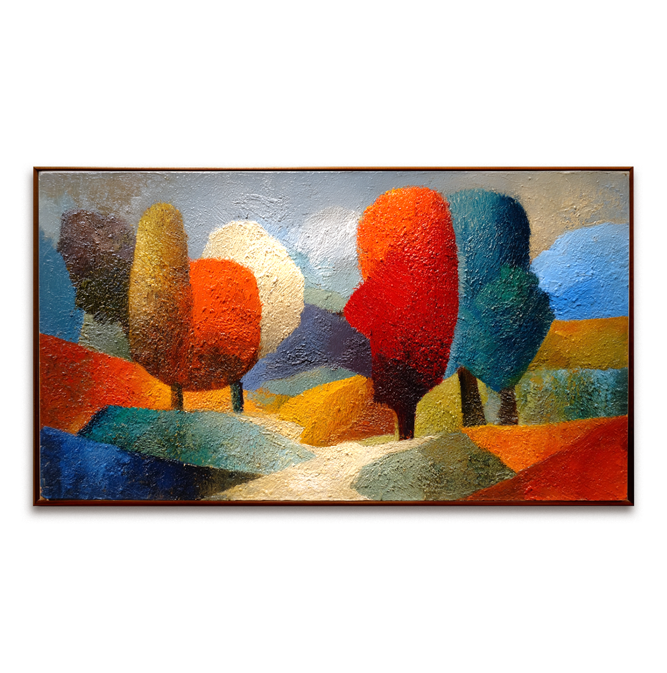 Colorful abstract textured landscape oil painting with trees and rolling hills
