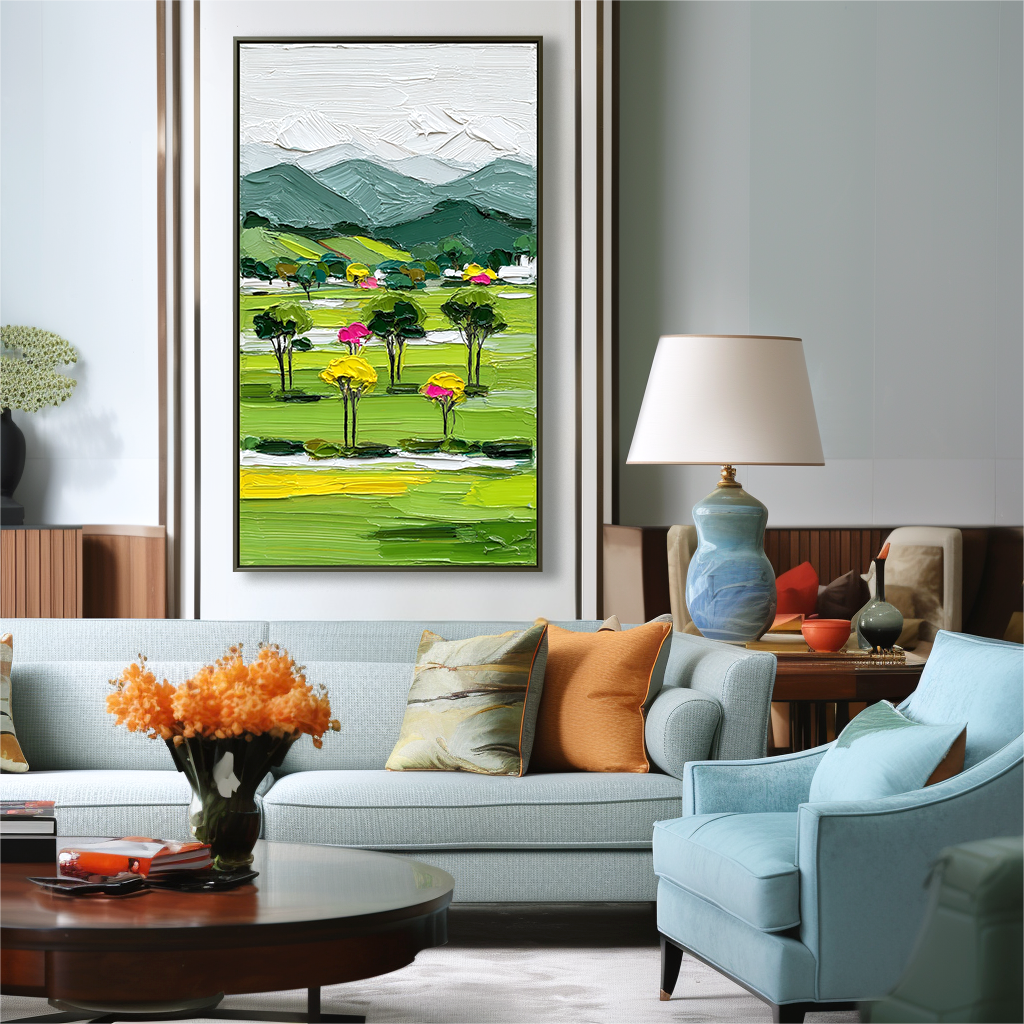 Textured abstract landscape oil painting with green fields, colorful trees, and mountains