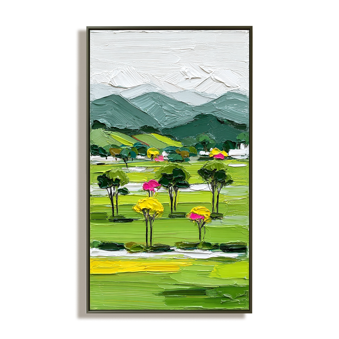 Textured abstract landscape oil painting with green fields, colorful trees, and mountains