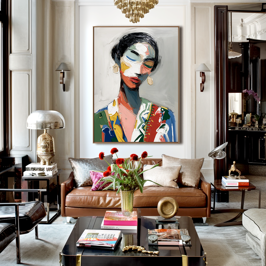 Abstract portrait of a woman with colorful brushstrokes in red, blue, yellow, and gray.